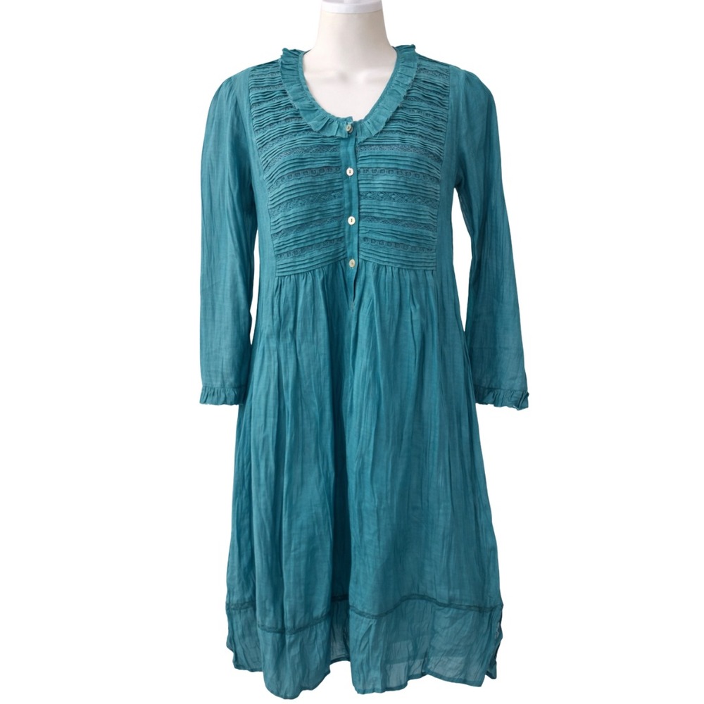 Label Ritu Kumar Teal Cotton Silk Pintuck Dress Womens Small Boho Sheer Flowy